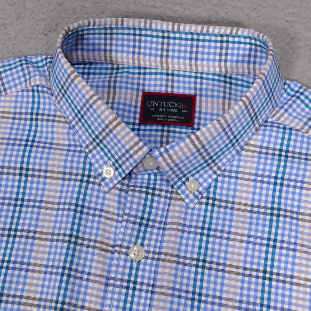 Untuckit Shirt Mens XL Blue Plaid Button Down Long Sleeve Nylon